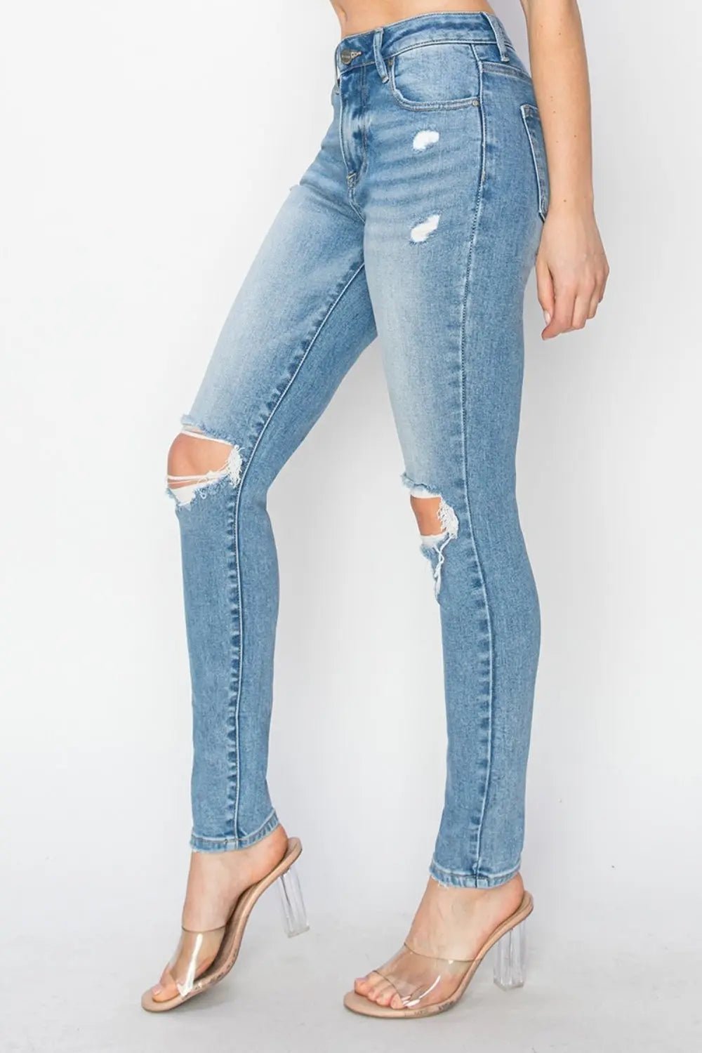 Risen Full Size High Rise Knee Distressed Skinny Jeans - Celeste