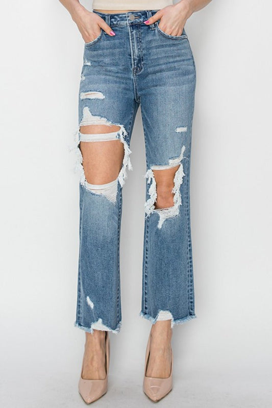 RISEN High Rise Distressed Crop Straight Jeans - Celeste