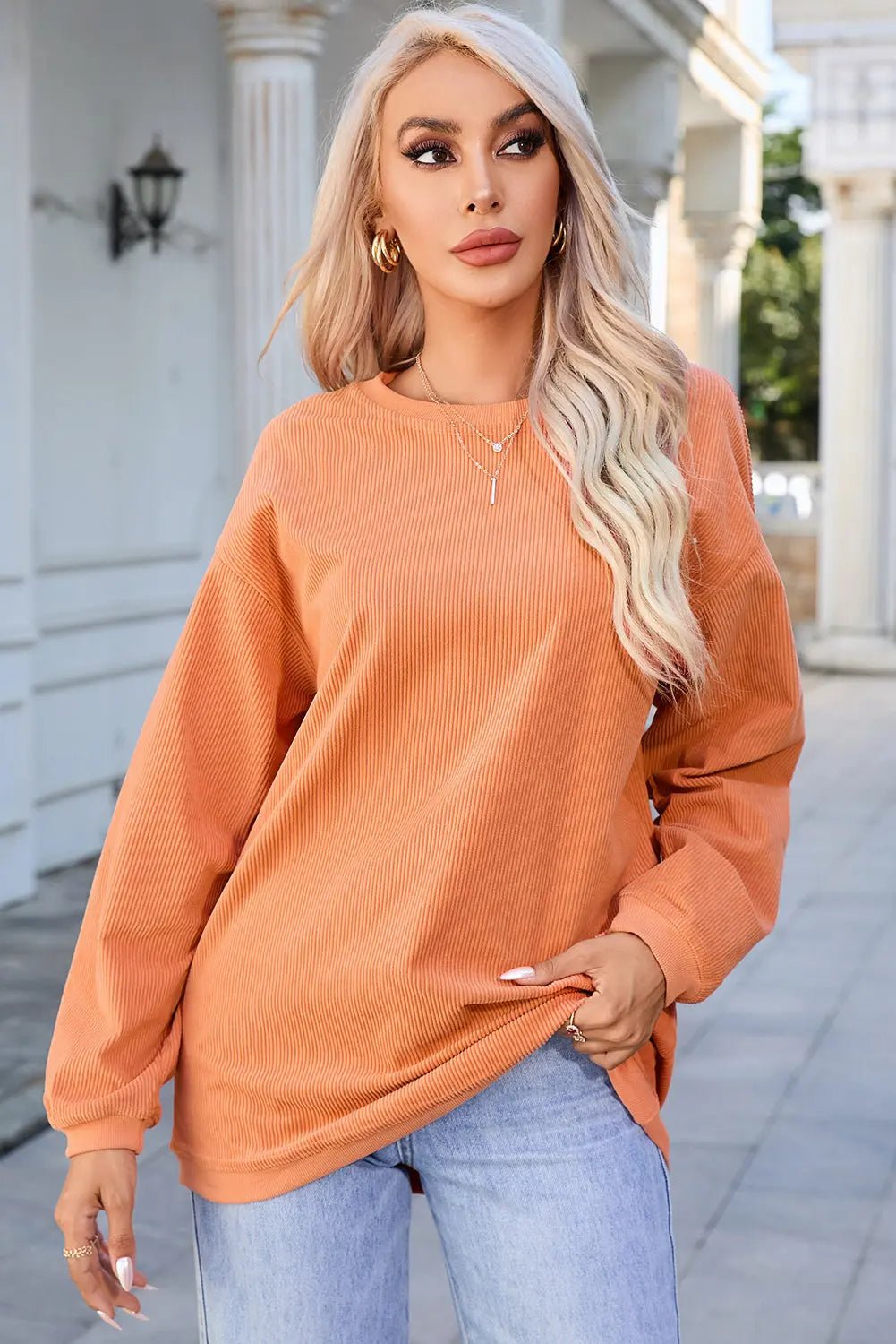 Round Neck Dropped Shoulder THANKFUL Graphic Sweatshirt - Celeste