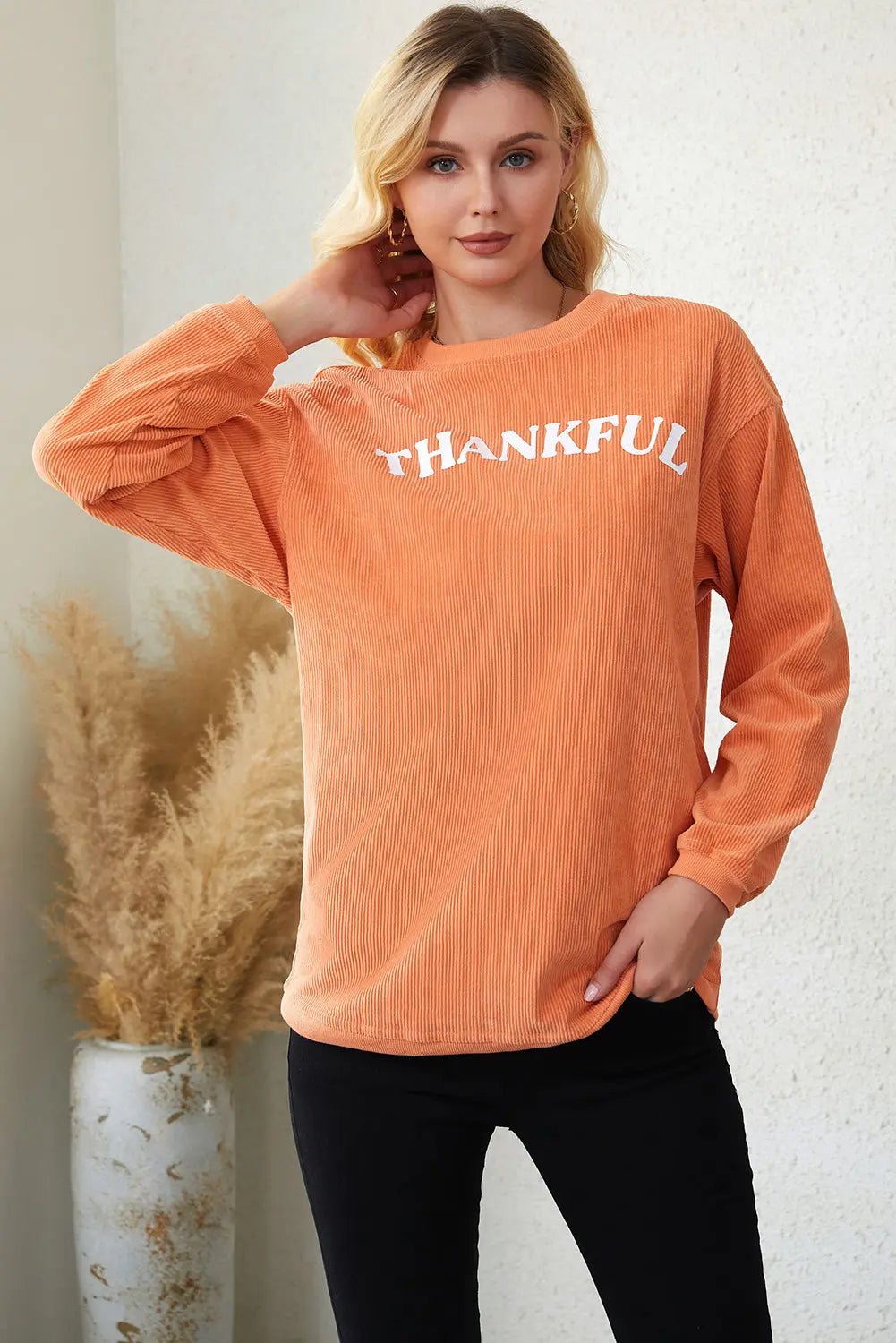 Round Neck Dropped Shoulder THANKFUL Graphic Sweatshirt - Celeste