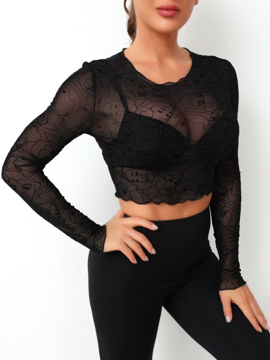 Round Neck Long Sleeve Sheer Top - Celeste    