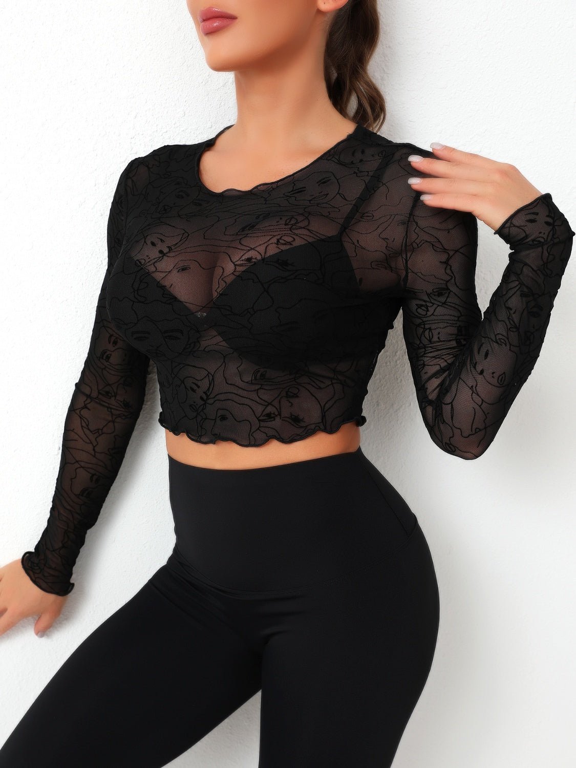 Round Neck Long Sleeve Sheer Top - Celeste    