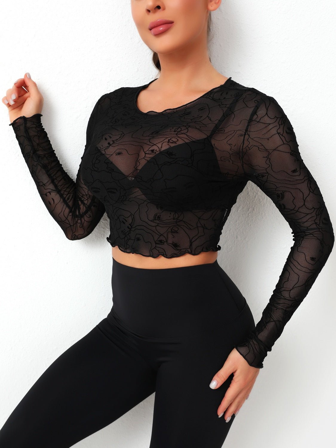 Round Neck Long Sleeve Sheer Top - Celeste    