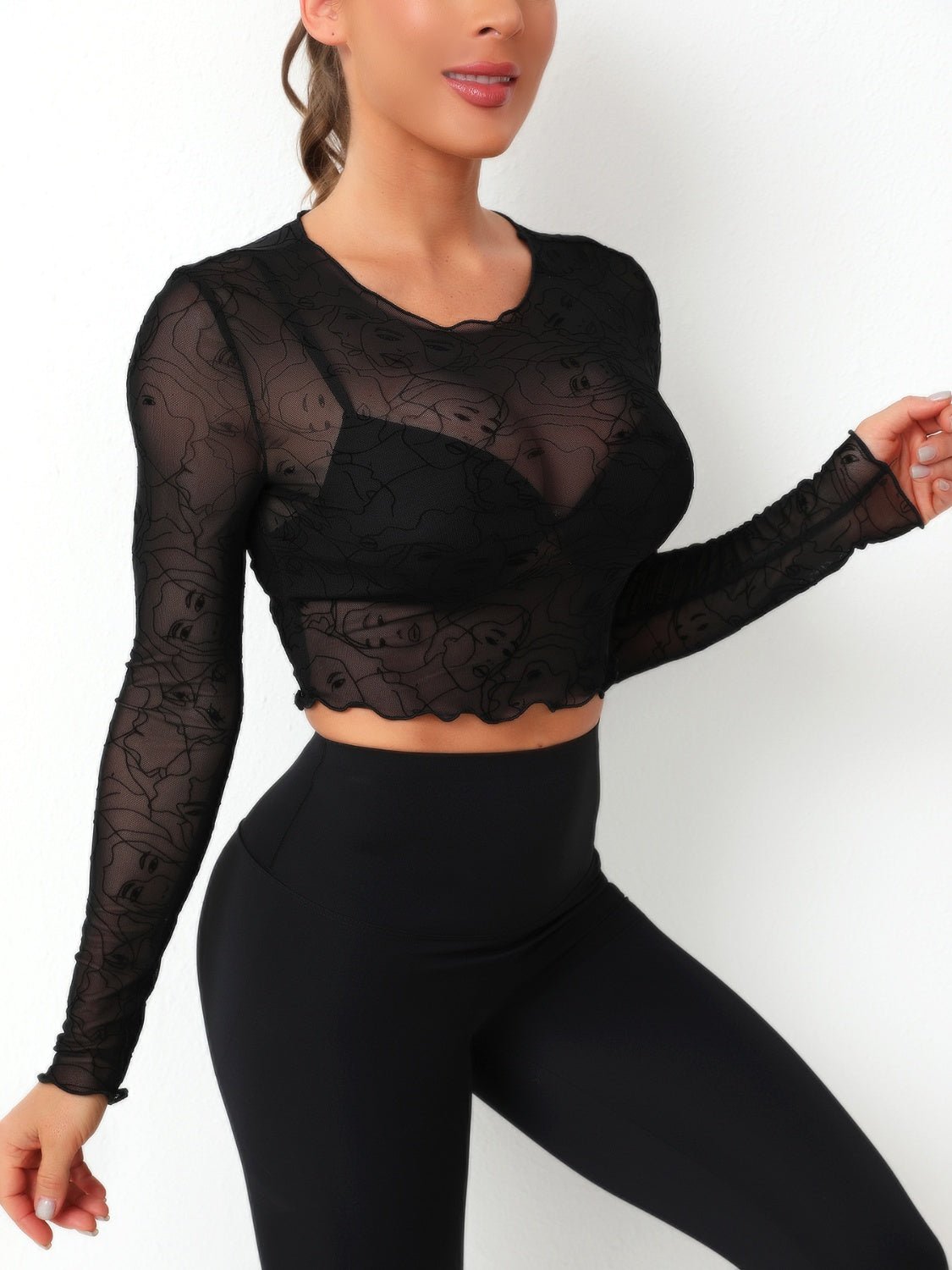 Round Neck Long Sleeve Sheer Top - Celeste    