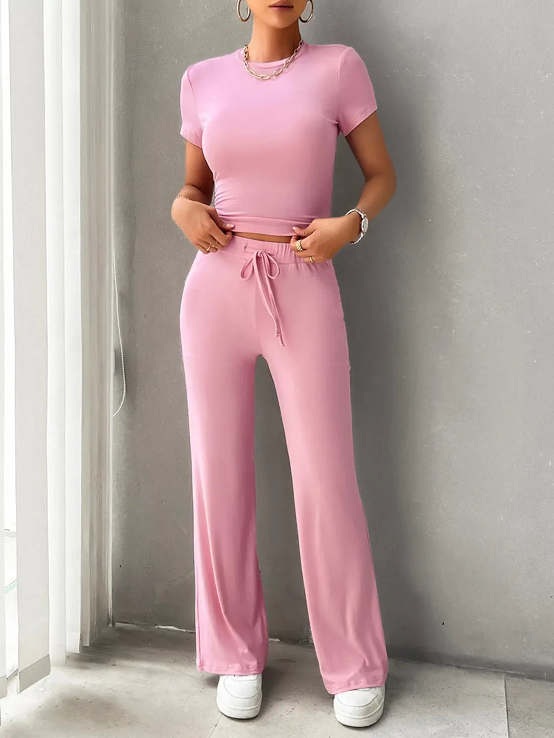 Round Neck Short Sleeve Top and Pants Set - Celeste