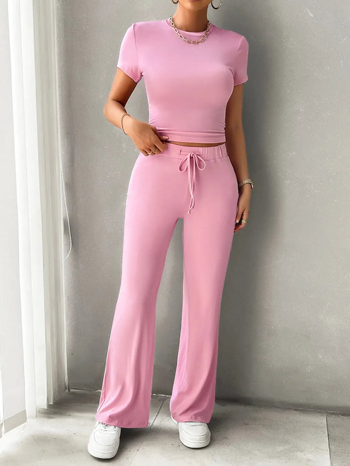 Round Neck Short Sleeve Top and Pants Set - Celeste