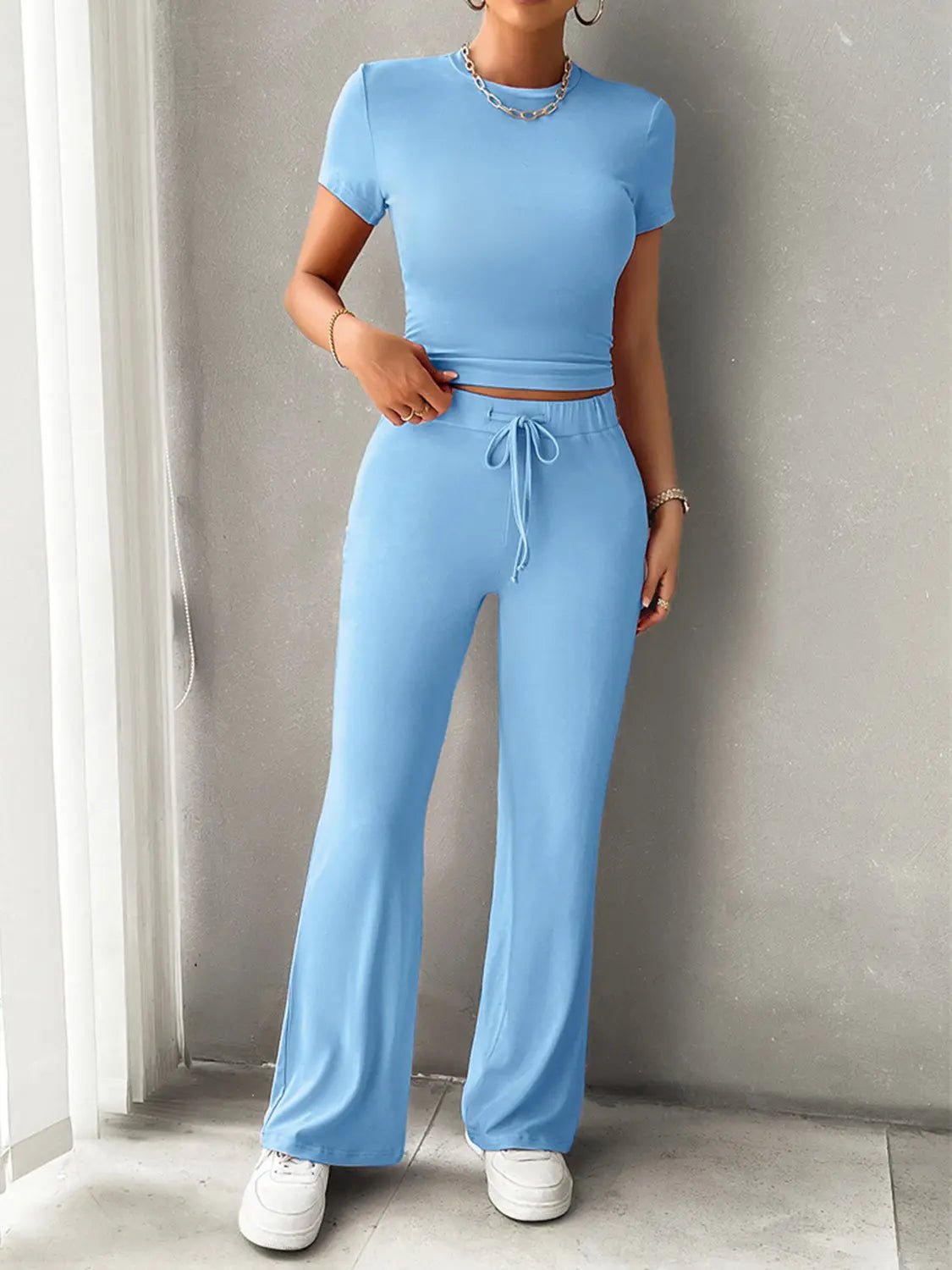 Round Neck Short Sleeve Top and Pants Set - Celeste