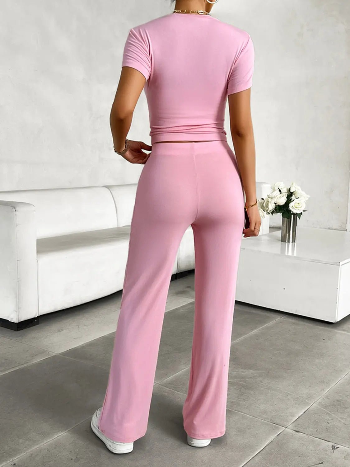 Round Neck Short Sleeve Top and Pants Set - Celeste