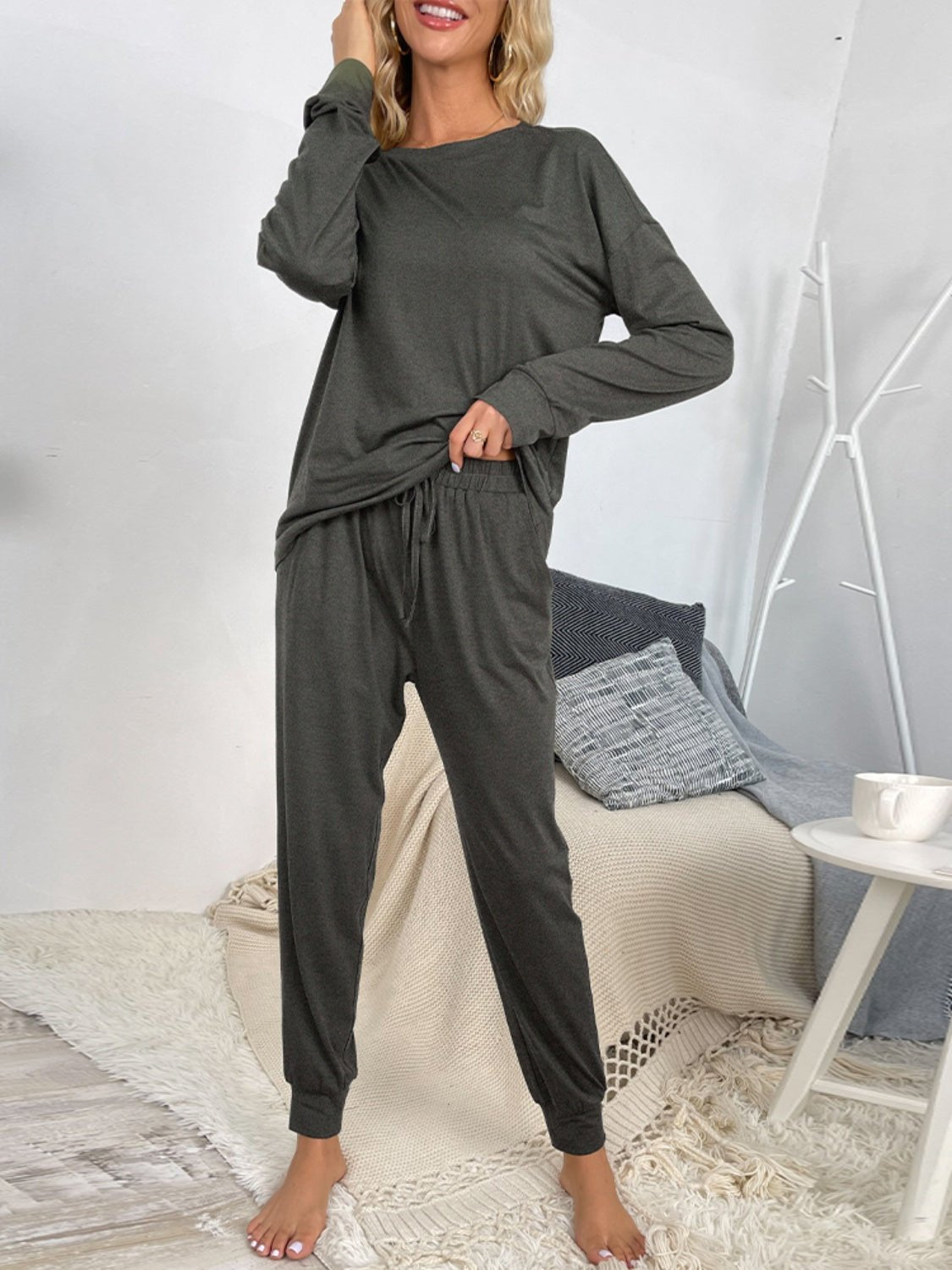 Round Neck Top and Drawstring Pants Lounge Set - Celeste