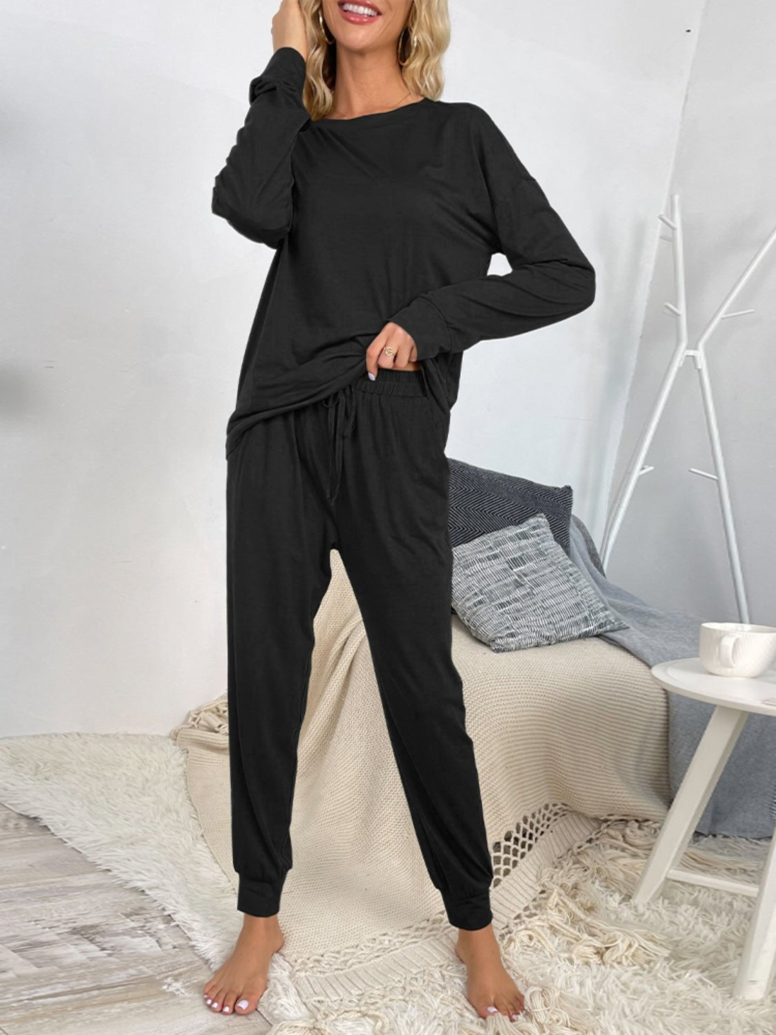 Round Neck Top and Drawstring Pants Lounge Set - Celeste