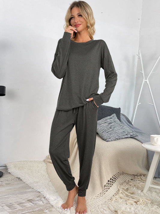 Round Neck Top and Drawstring Pants Lounge Set - Celeste