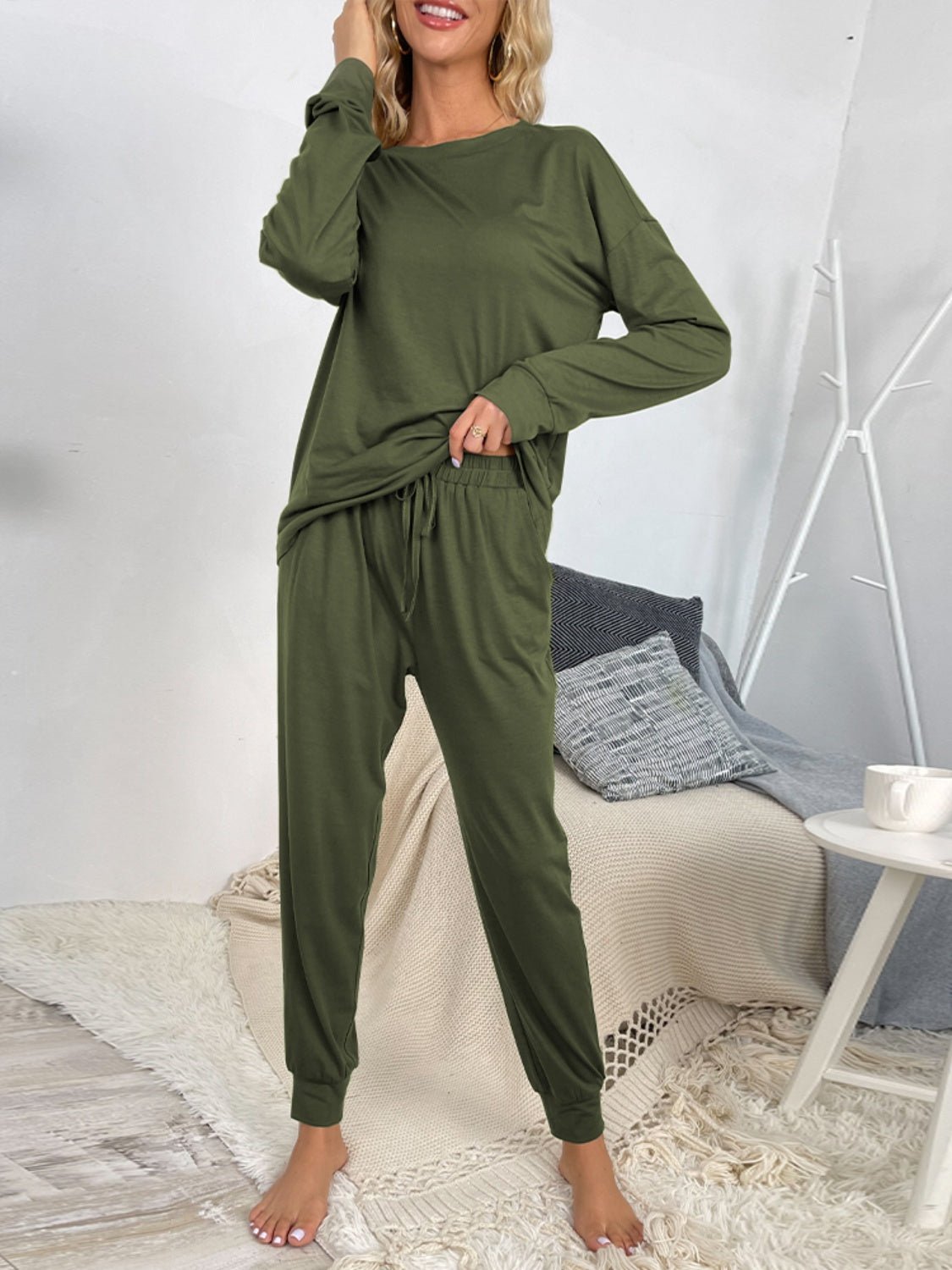 Round Neck Top and Drawstring Pants Lounge Set - Celeste