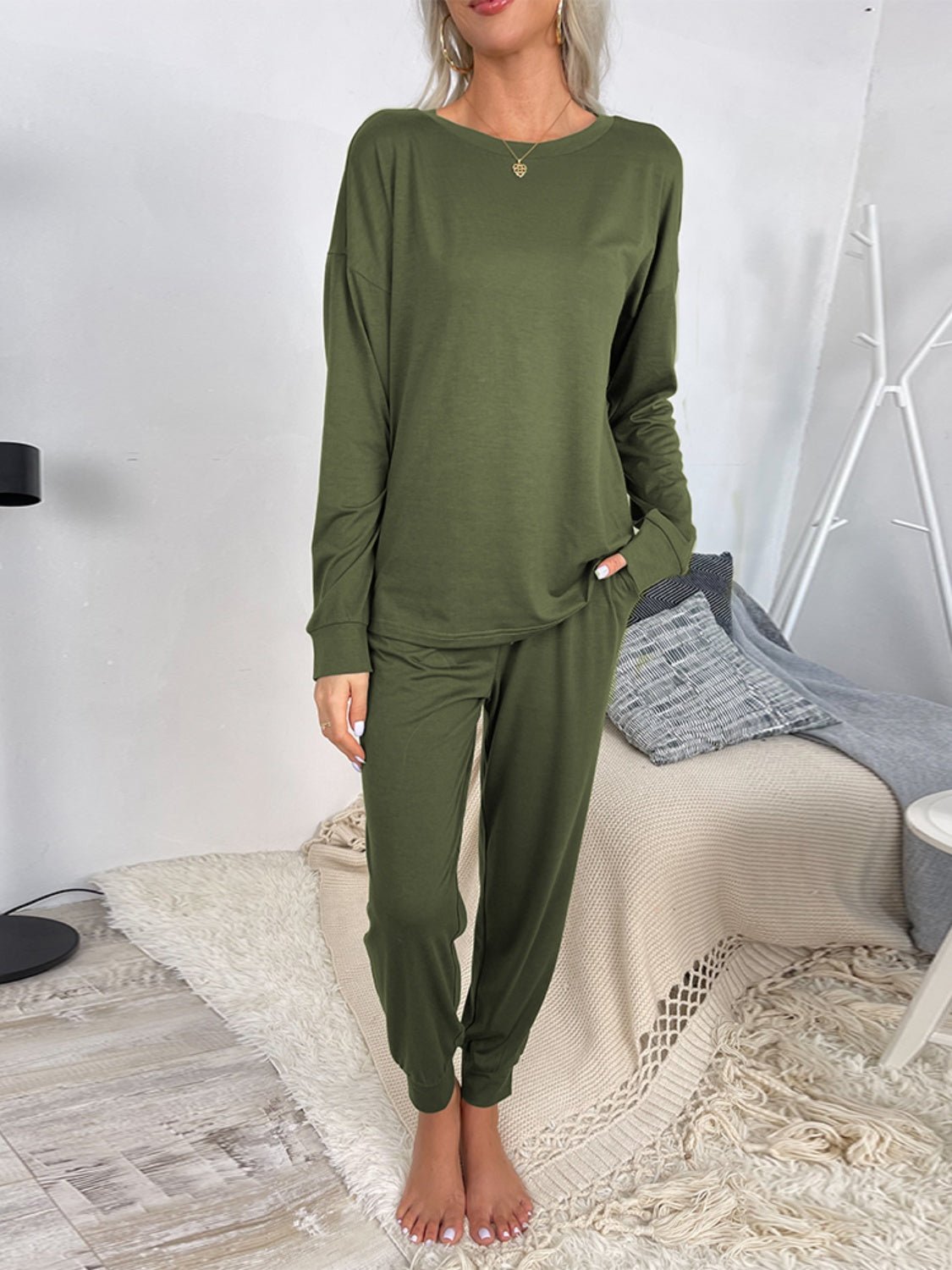 Round Neck Top and Drawstring Pants Lounge Set - Celeste