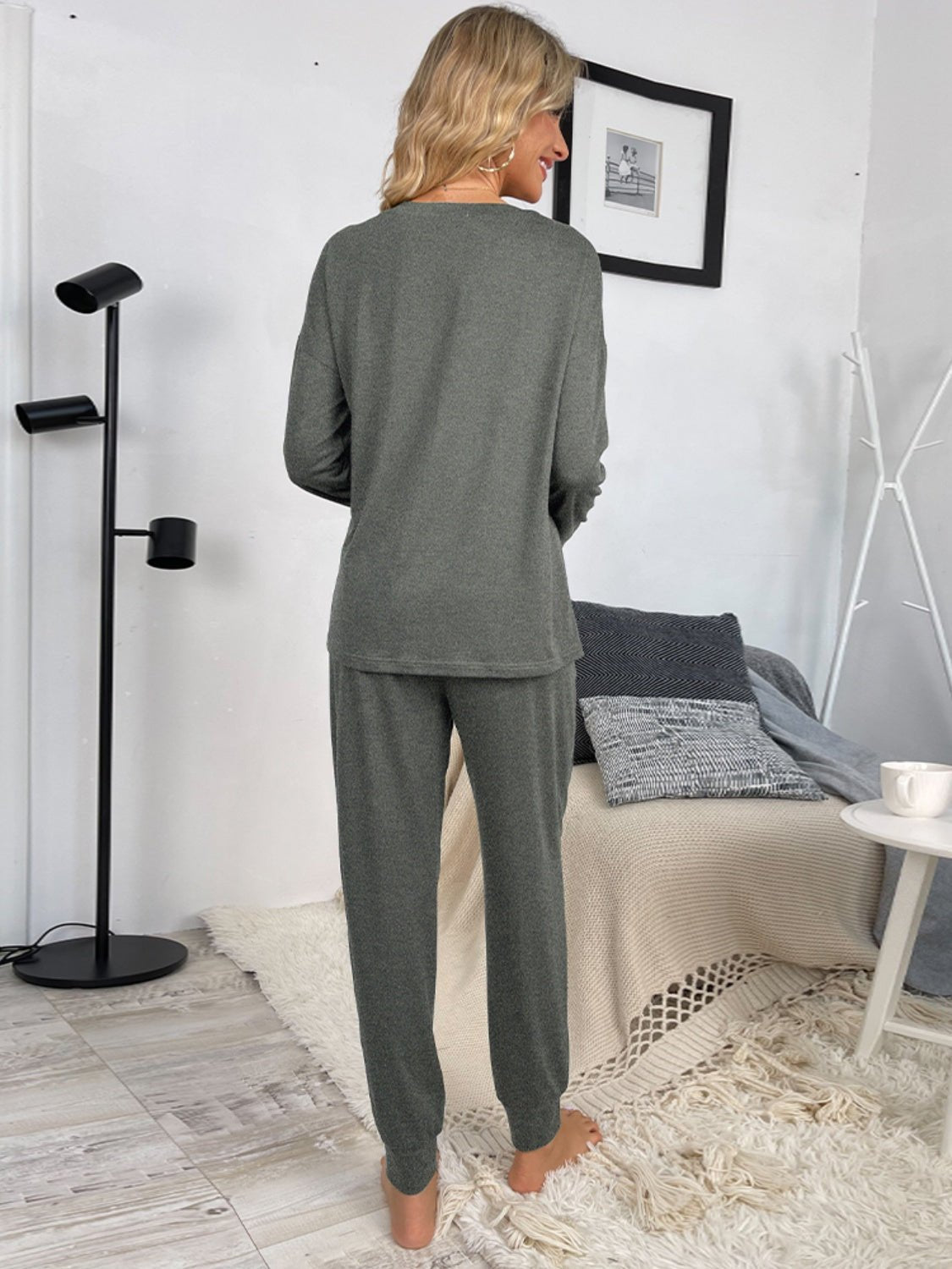 Round Neck Top and Drawstring Pants Lounge Set - Celeste