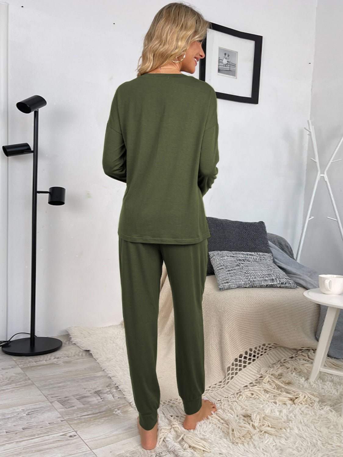 Round Neck Top and Drawstring Pants Lounge Set - Celeste