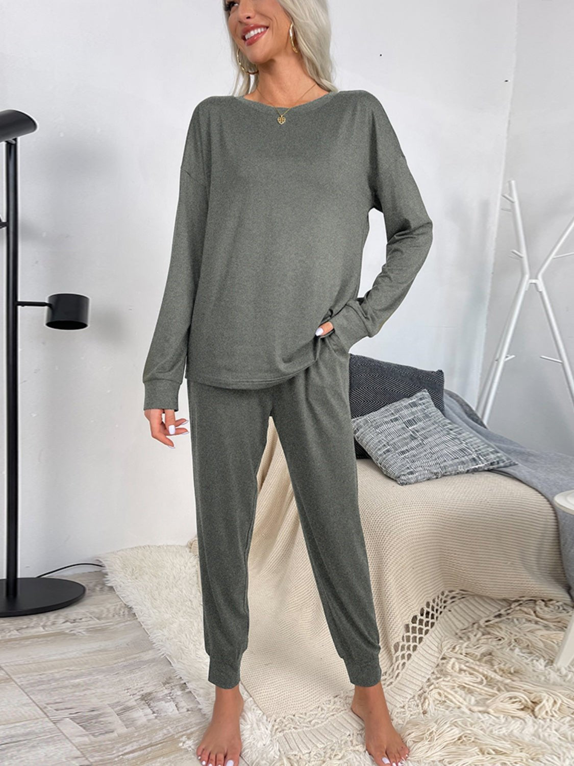 Round Neck Top and Drawstring Pants Lounge Set - Celeste