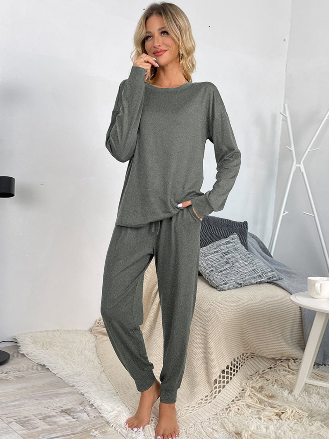 Round Neck Top and Drawstring Pants Lounge Set - Celeste