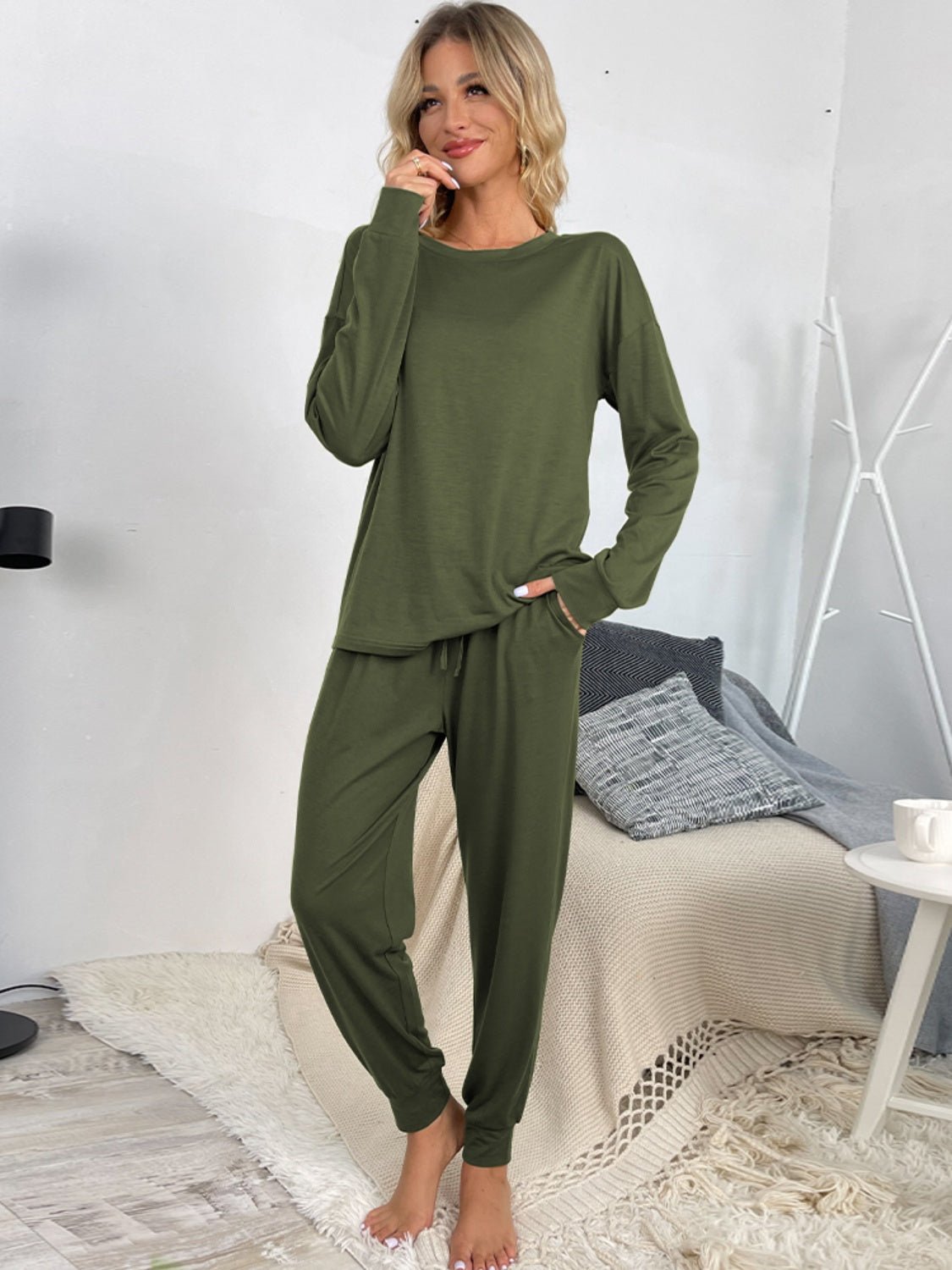 Round Neck Top and Drawstring Pants Lounge Set - Celeste