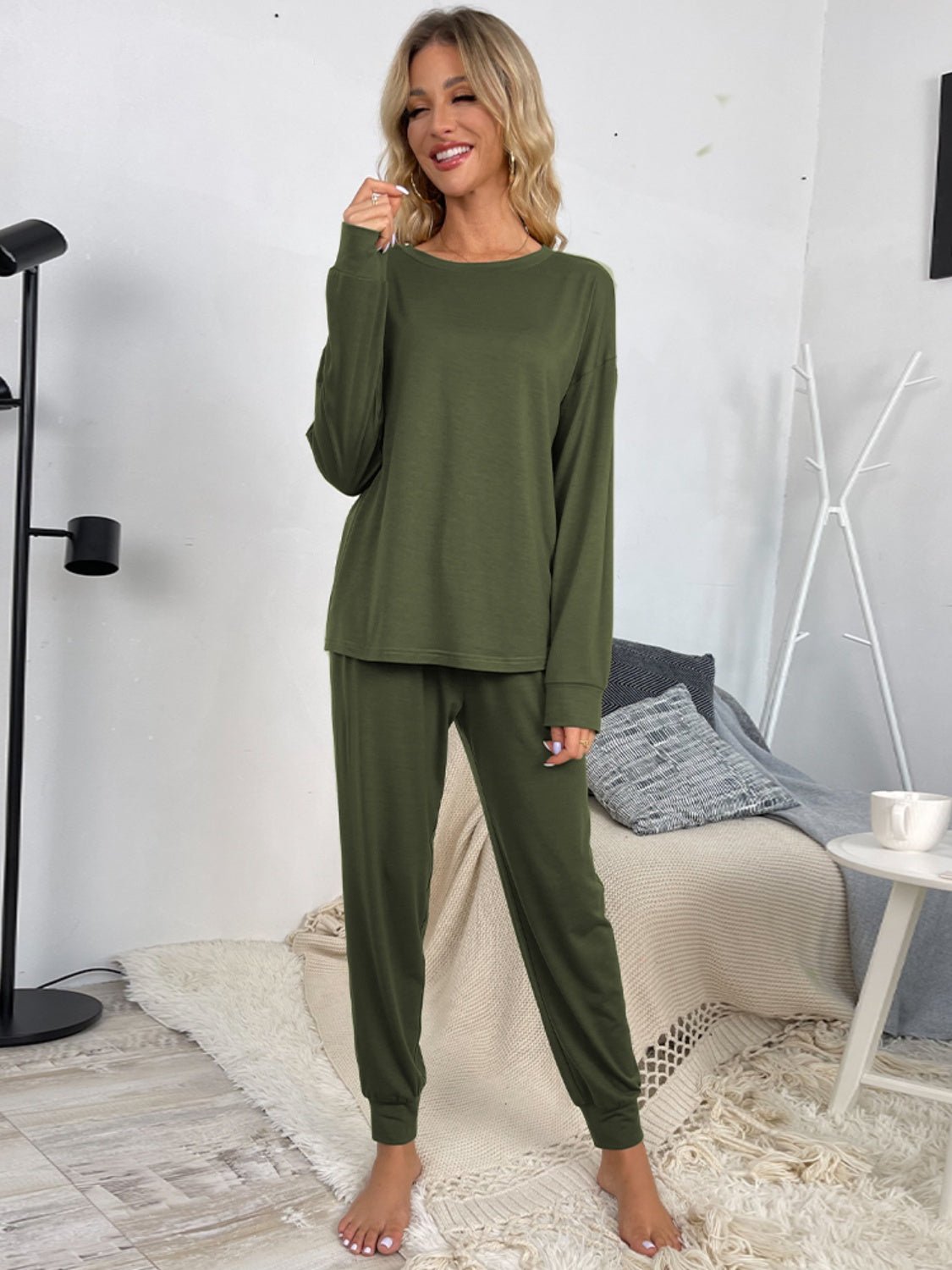 Round Neck Top and Drawstring Pants Lounge Set - Celeste