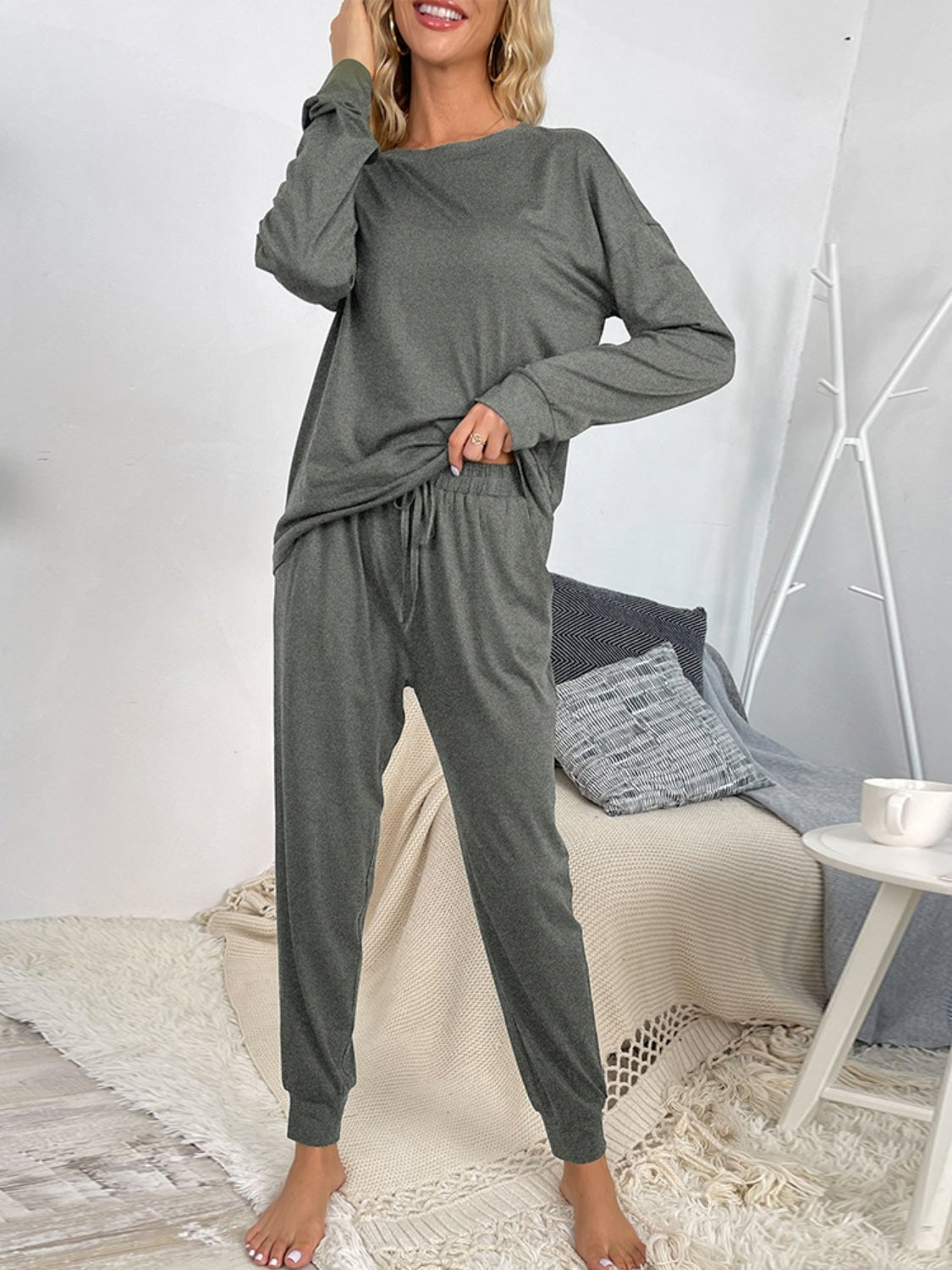 Round Neck Top and Drawstring Pants Lounge Set - Celeste