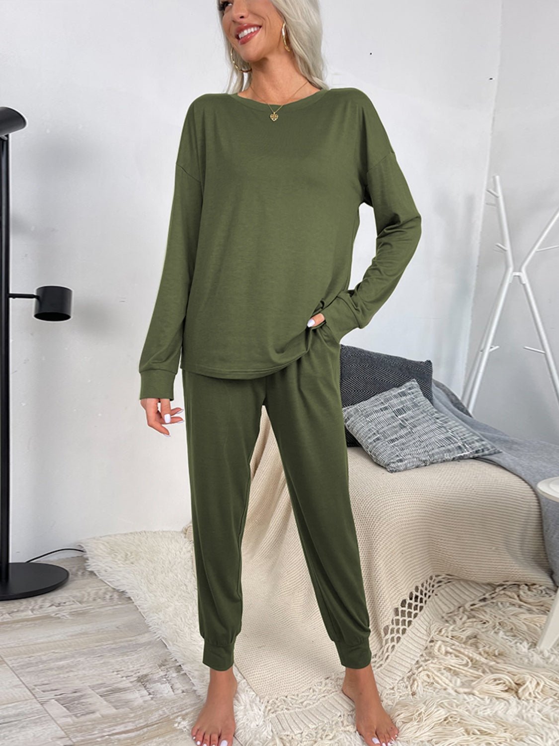 Round Neck Top and Drawstring Pants Lounge Set - Celeste