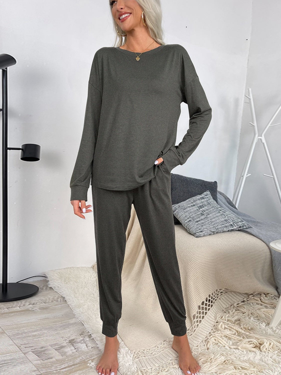 Round Neck Top and Drawstring Pants Lounge Set - Celeste