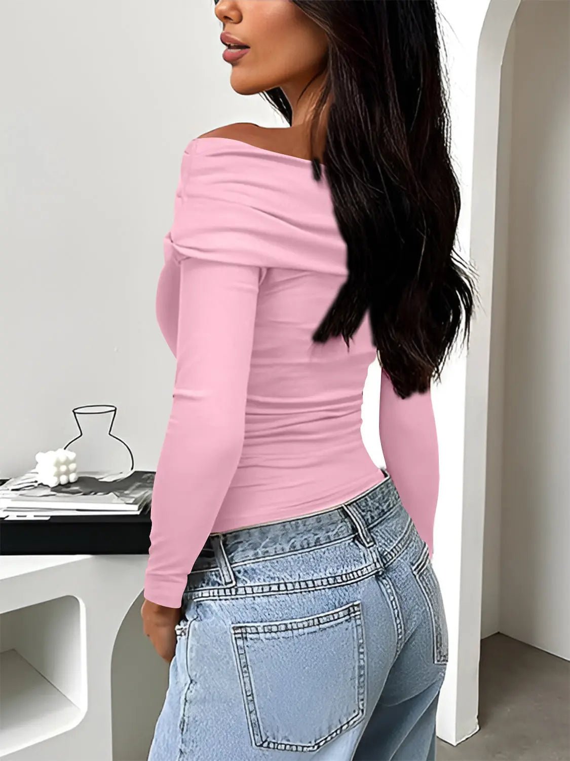 Ruched One Shoulder Long Sleeve T - Shirt - Celeste