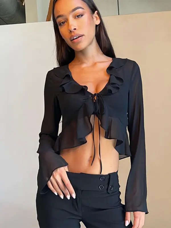 Ruffled Lace - Up Deep V - Neck Blouse - Celeste