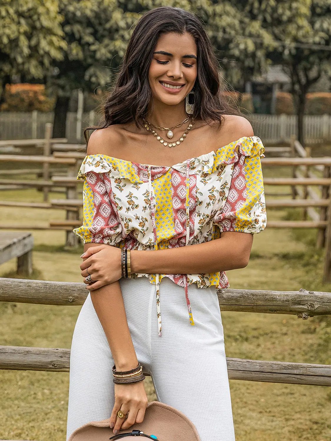 Ruffled Printed Off - Shoulder Short Sleeve Blouse - Celeste