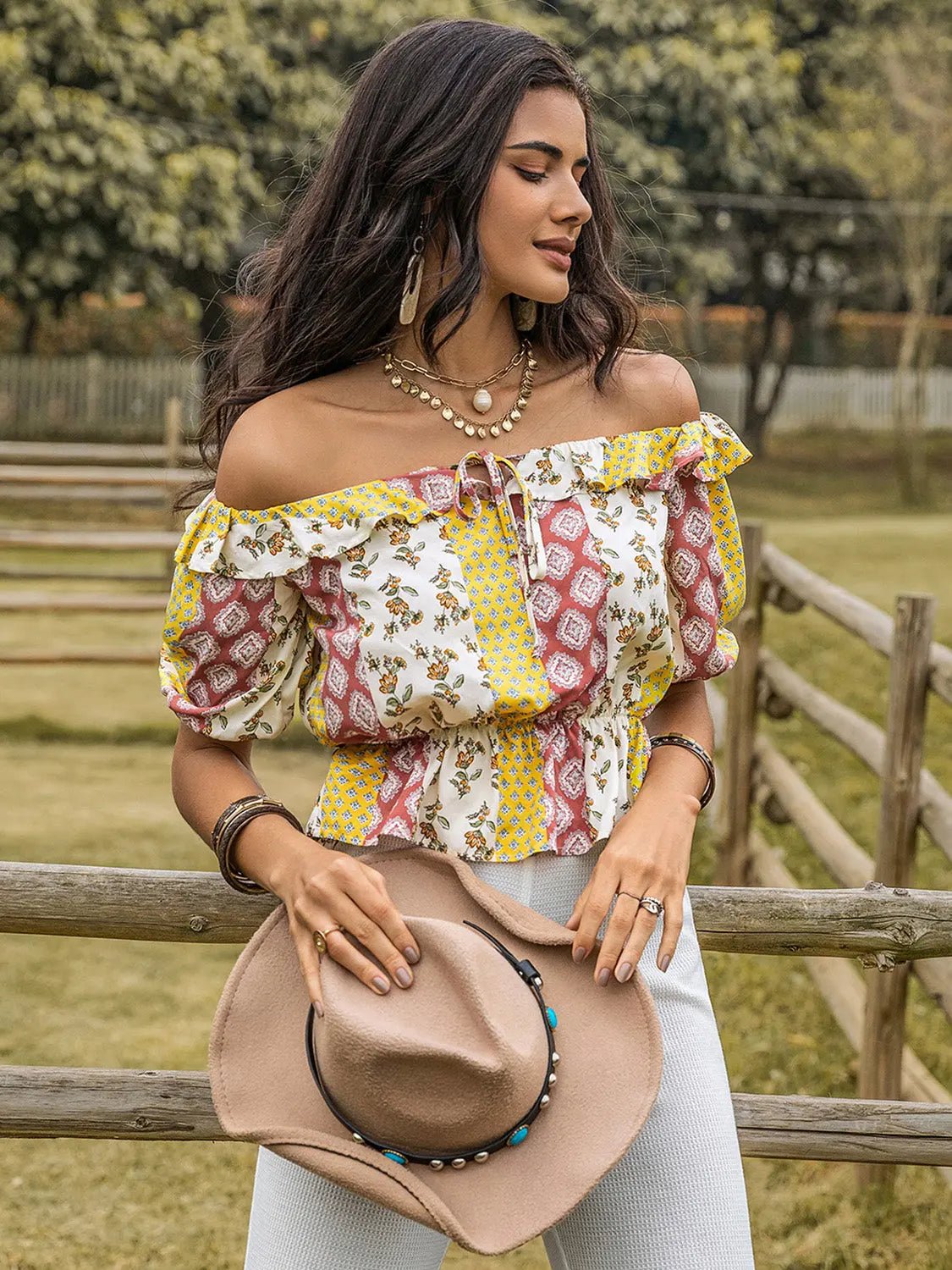 Ruffled Printed Off - Shoulder Short Sleeve Blouse - Celeste