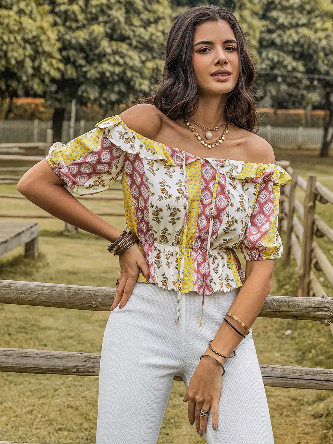 Ruffled Printed Off - Shoulder Short Sleeve Blouse - Celeste