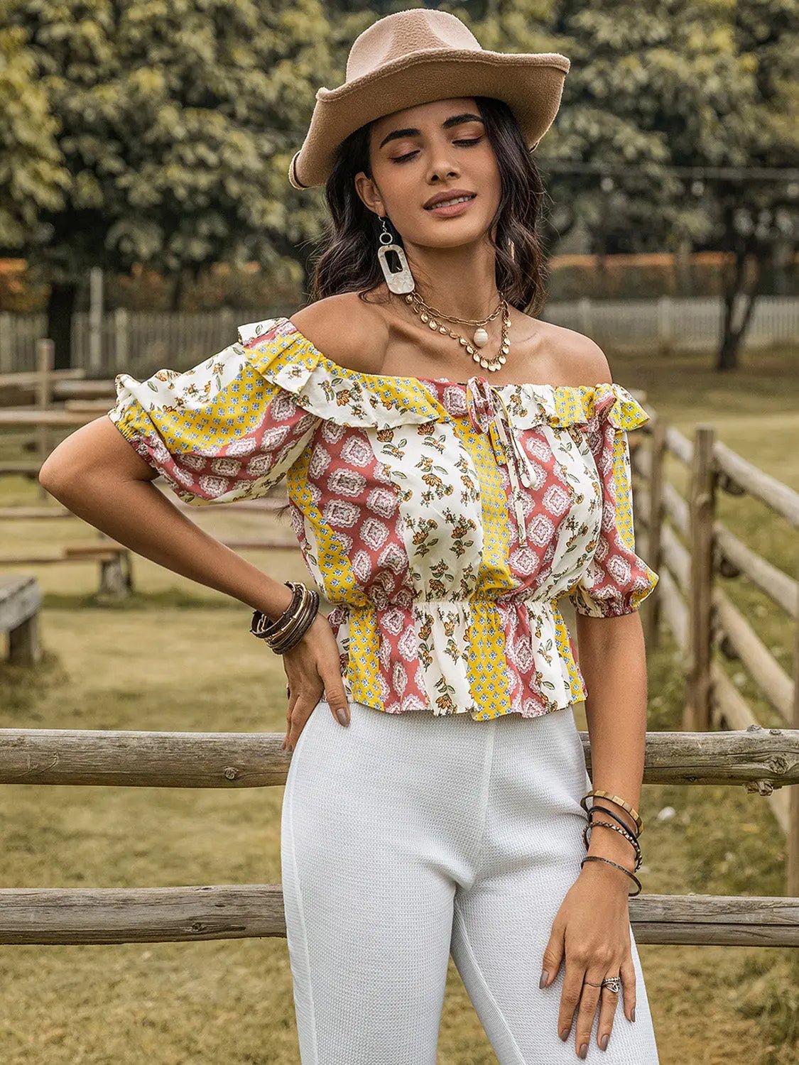 Ruffled Printed Off - Shoulder Short Sleeve Blouse - Celeste