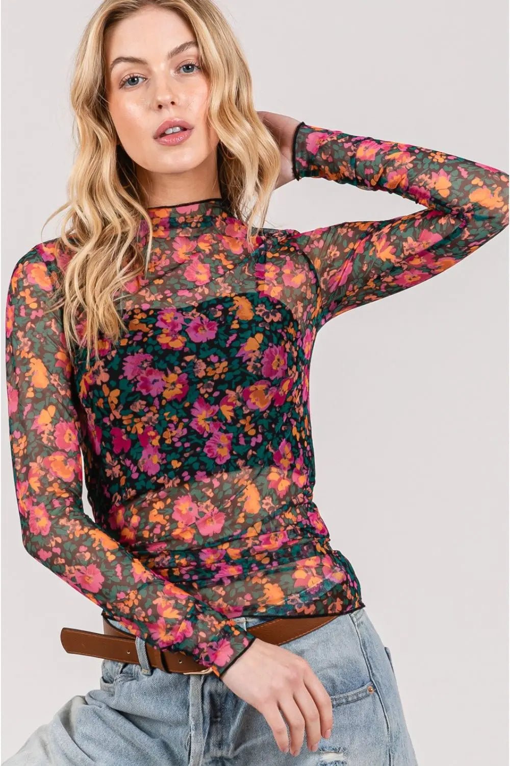 SAGE + FIG Floral Mesh Top - Celeste