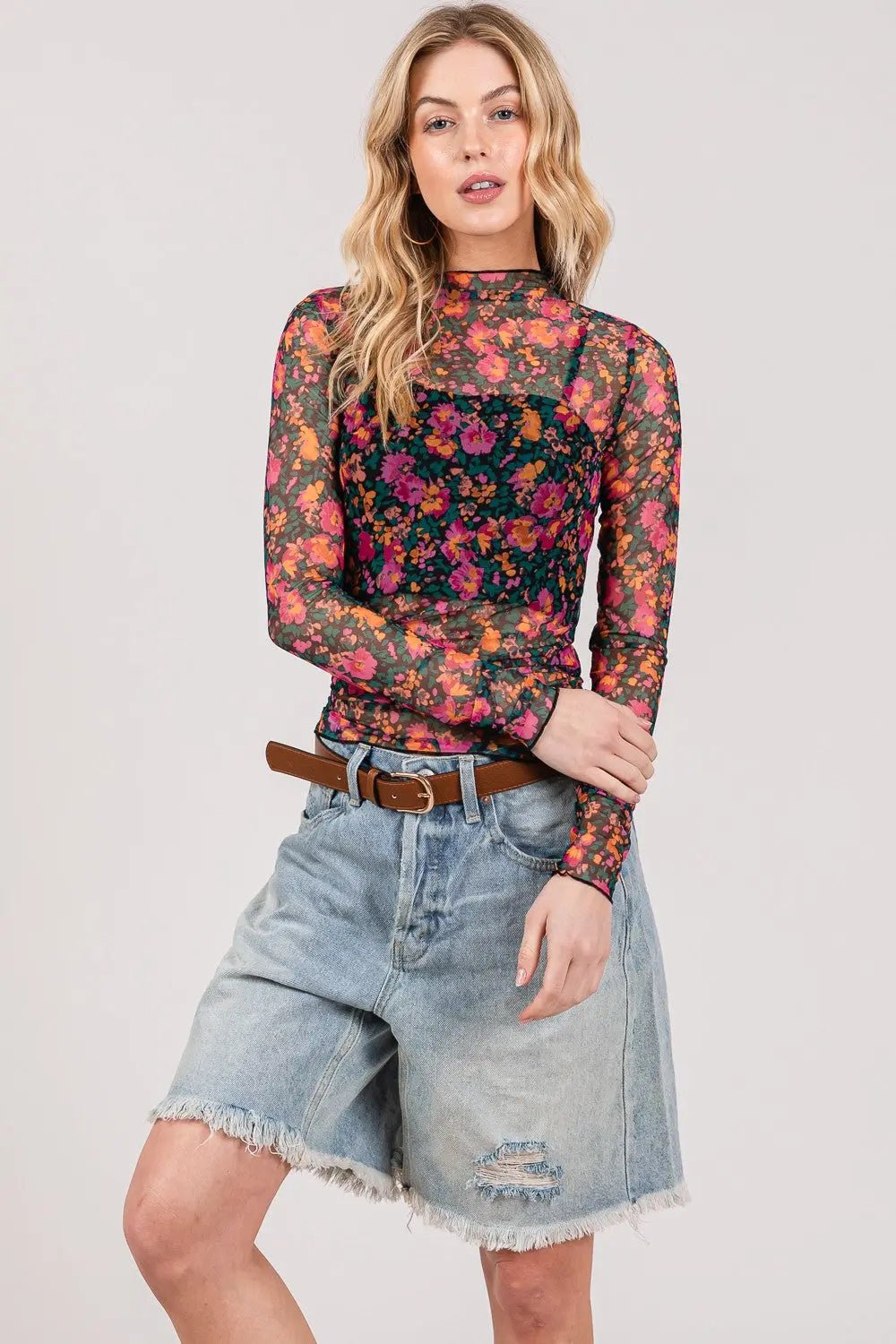 SAGE + FIG Floral Mesh Top - Celeste