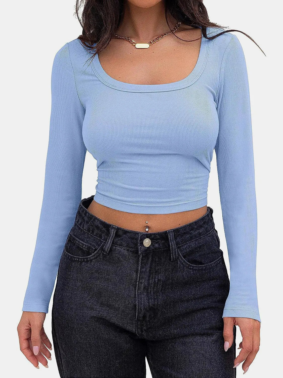 Scoop Neck Long Sleeve T - Shirt - Celeste