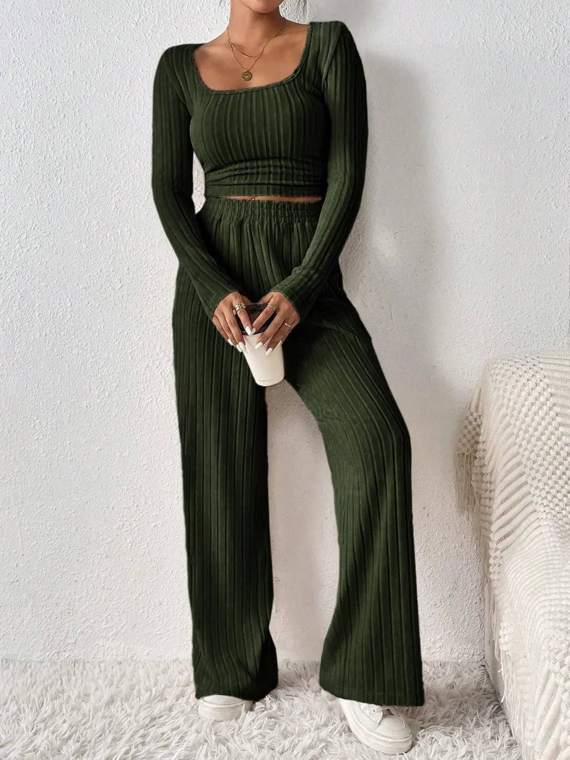 Scoop Neck Long Sleeve Top and Pants Set - Celeste