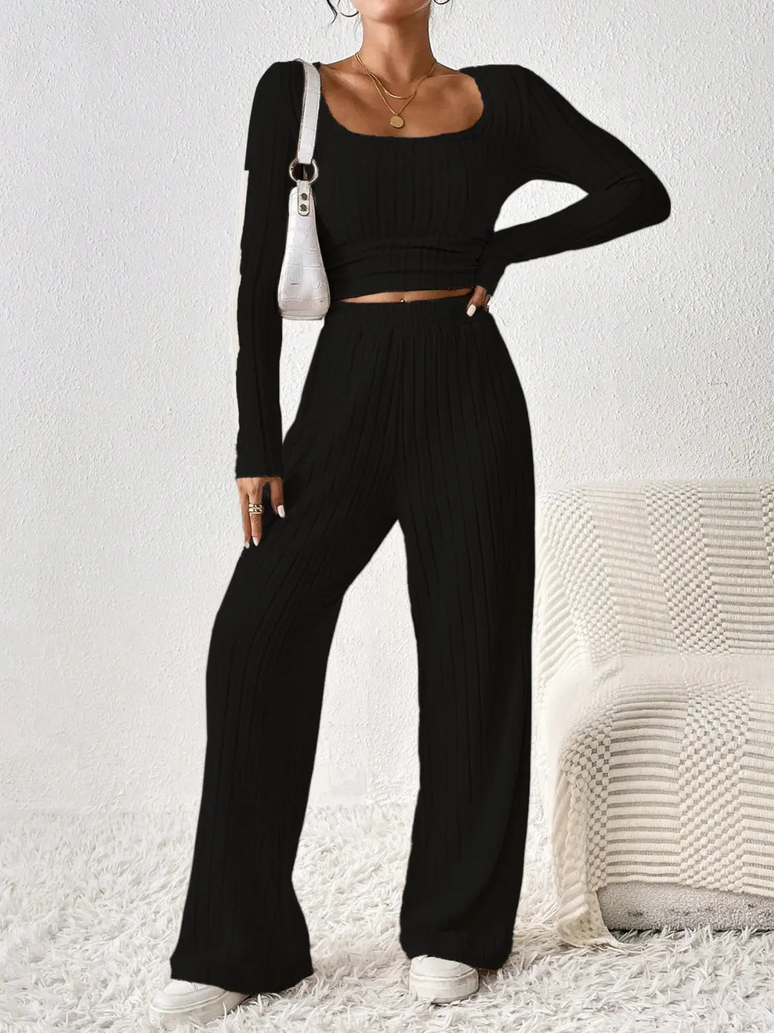 Scoop Neck Long Sleeve Top and Pants Set - Celeste