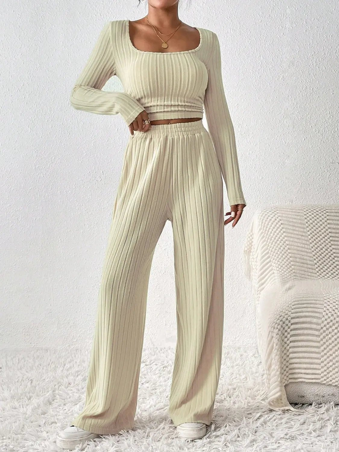 Scoop Neck Long Sleeve Top and Pants Set - Celeste