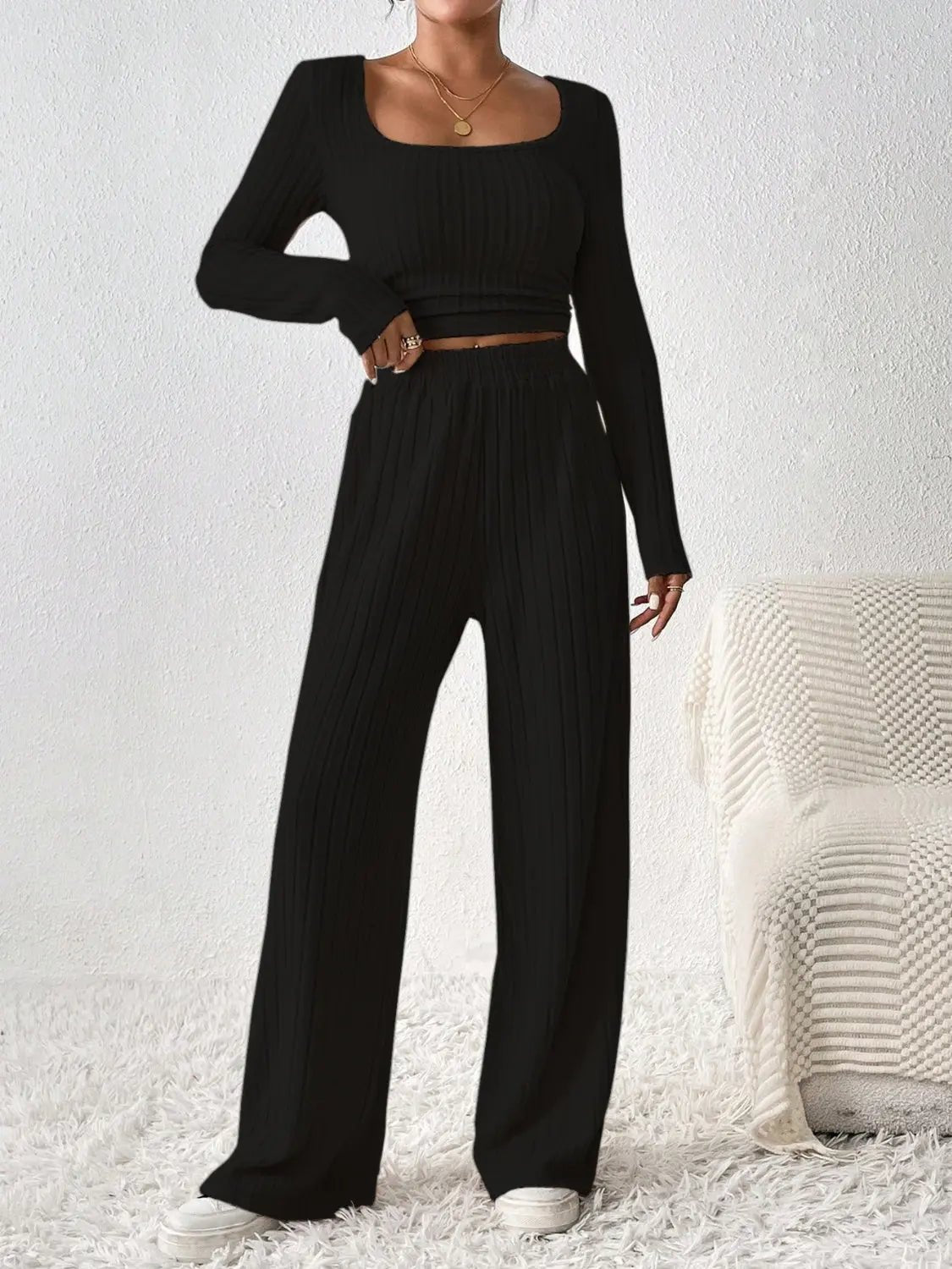 Scoop Neck Long Sleeve Top and Pants Set - Celeste