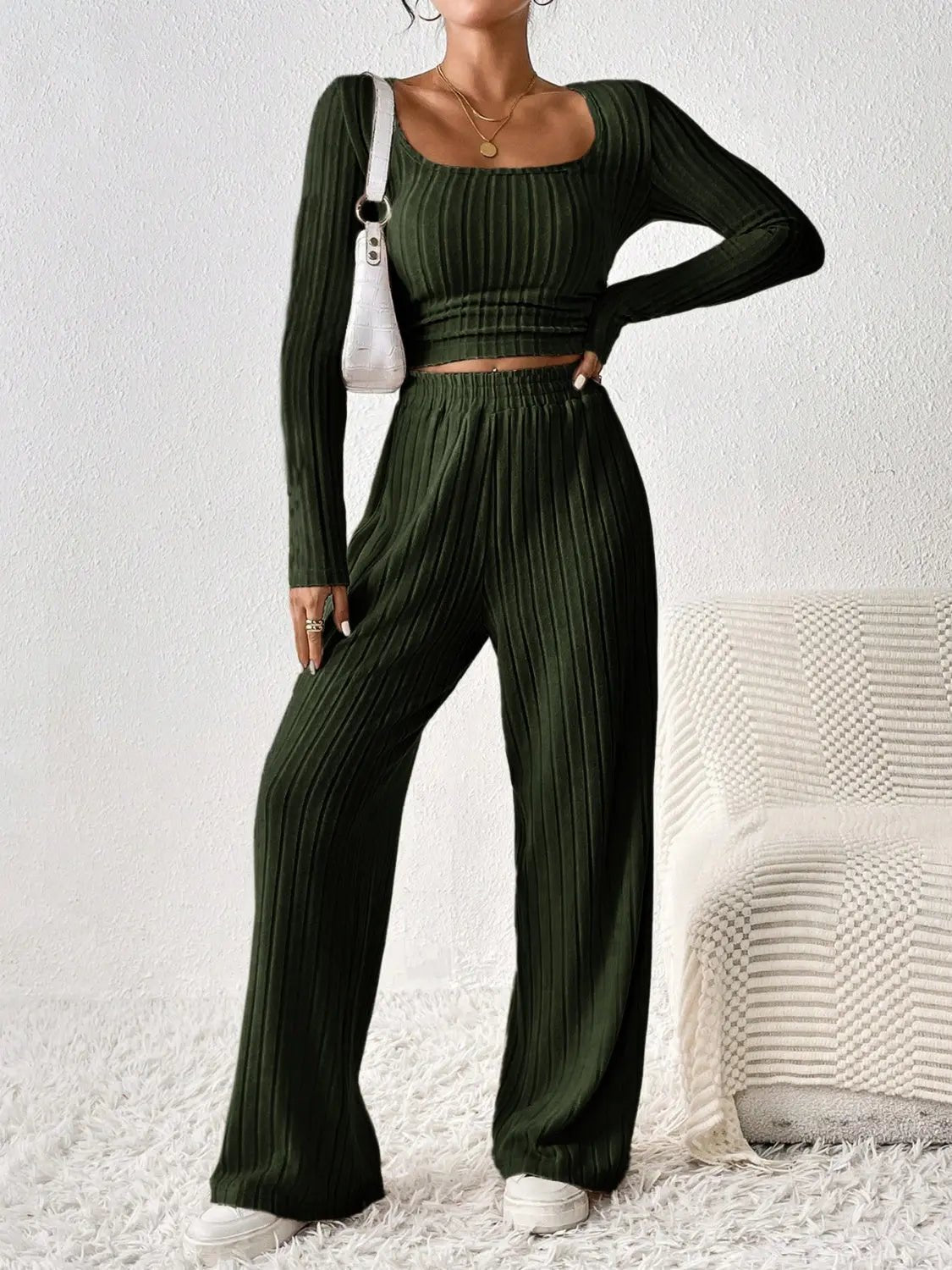 Scoop Neck Long Sleeve Top and Pants Set - Celeste