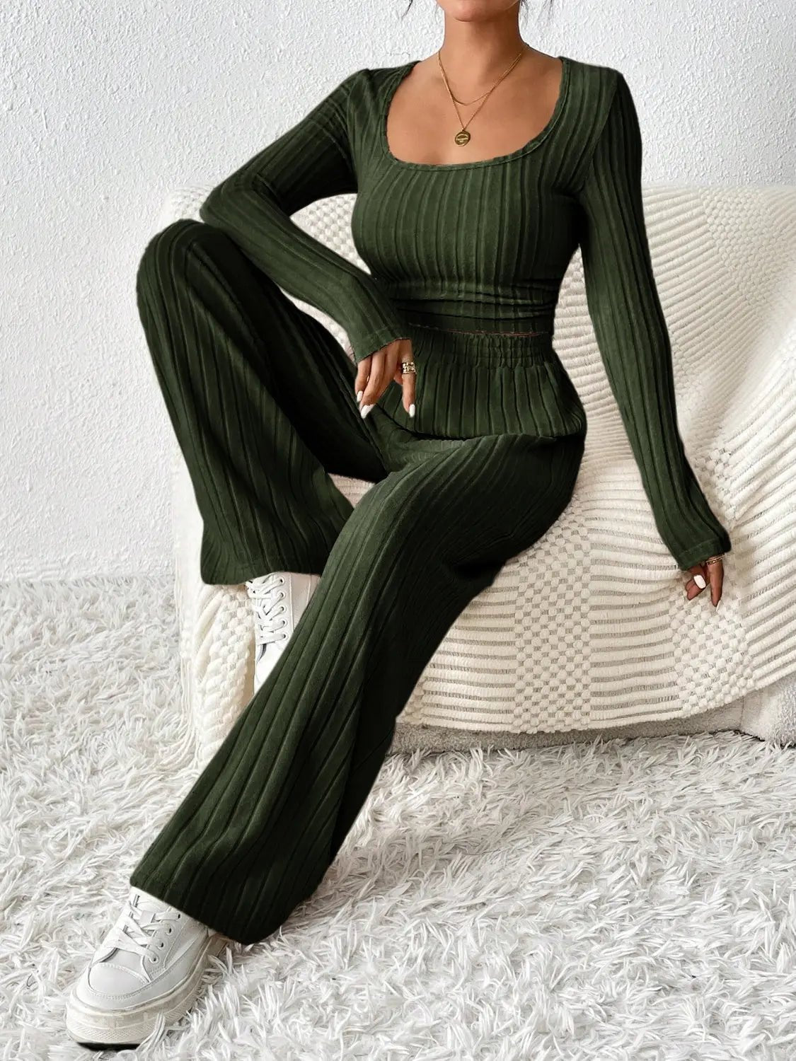 Scoop Neck Long Sleeve Top and Pants Set - Celeste