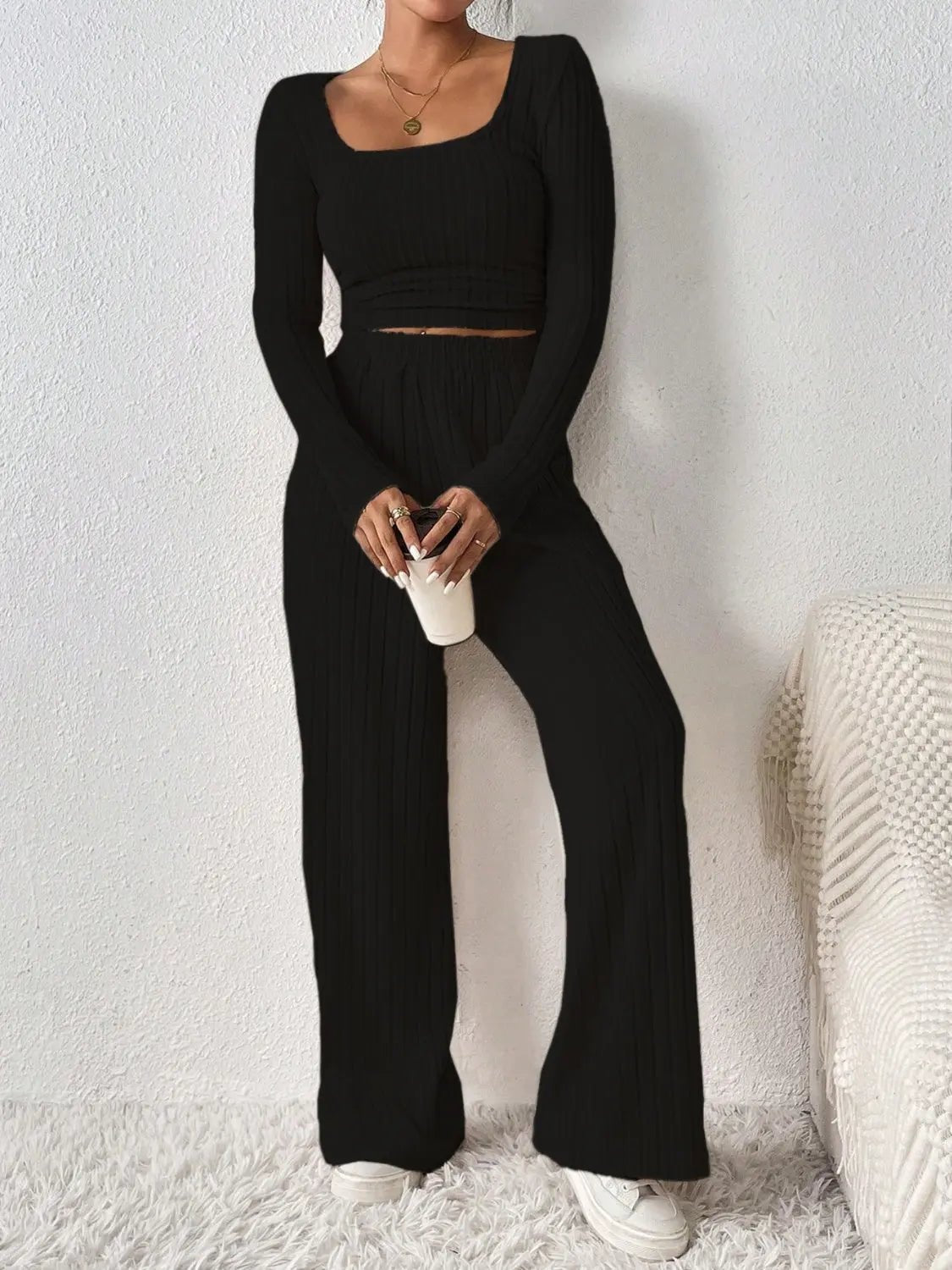 Scoop Neck Long Sleeve Top and Pants Set - Celeste