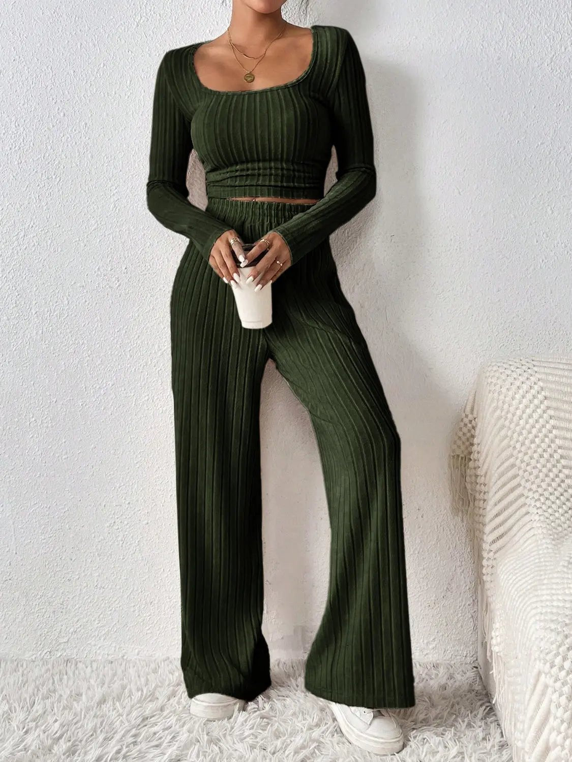 Scoop Neck Long Sleeve Top and Pants Set - Celeste