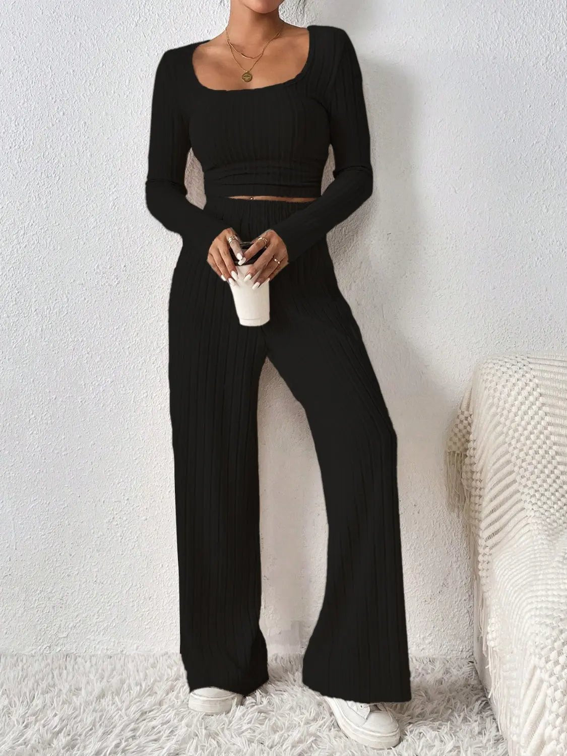 Scoop Neck Long Sleeve Top and Pants Set - Celeste