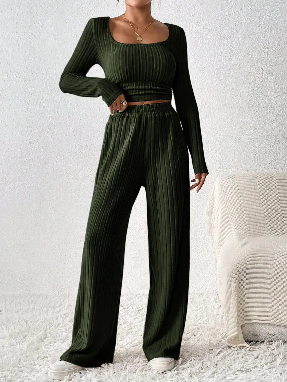 Scoop Neck Long Sleeve Top and Pants Set - Celeste