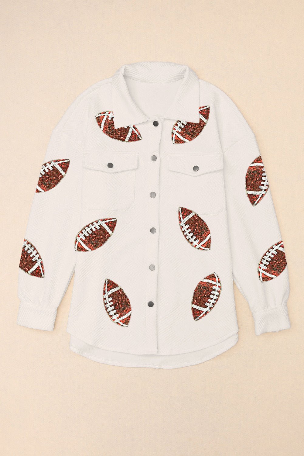 Sequin Football Patch Collared Neck Snap Button Jacket - Celeste