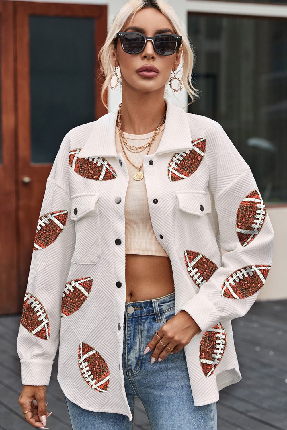 Sequin Football Patch Collared Neck Snap Button Jacket - Celeste