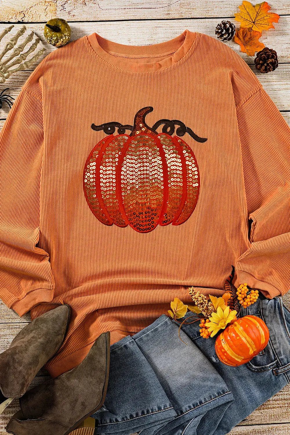 Sequin Pumpkin Round Neck Long Sleeve Sweatshirt - Celeste