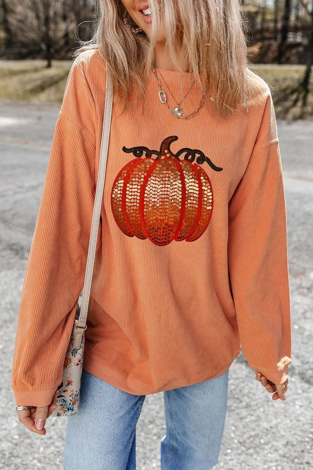 Sequin Pumpkin Round Neck Long Sleeve Sweatshirt - Celeste