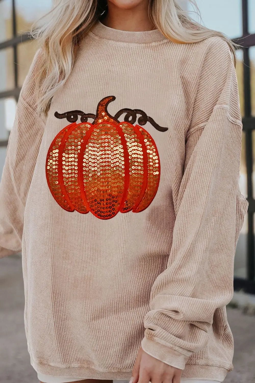 Sequin Pumpkin Round Neck Long Sleeve Sweatshirt - Celeste